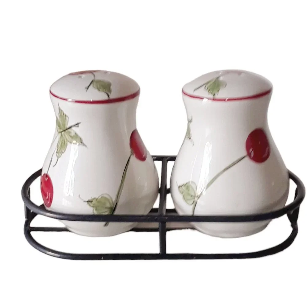 Cherry Salt and Pepper Shakers with Metal Holder